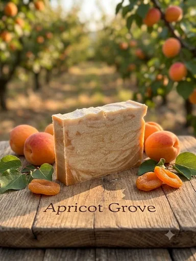 Apricot Grove goat milk soap: a peach and cream swirled bar on weathered wood, surrounded by fresh and dried apricots.