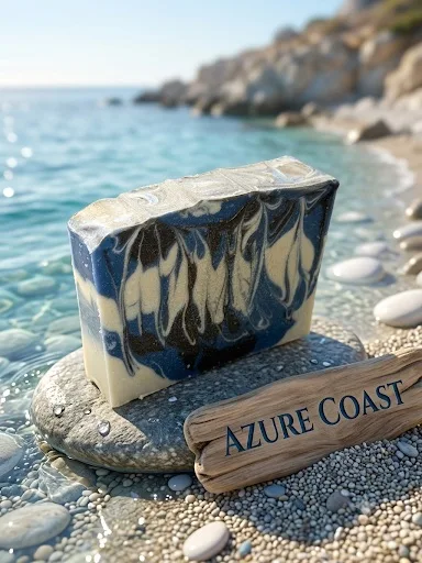 Azure Coast goat milk soap: a navy, black, and cream marbled bar on a wet stone at the shoreline.