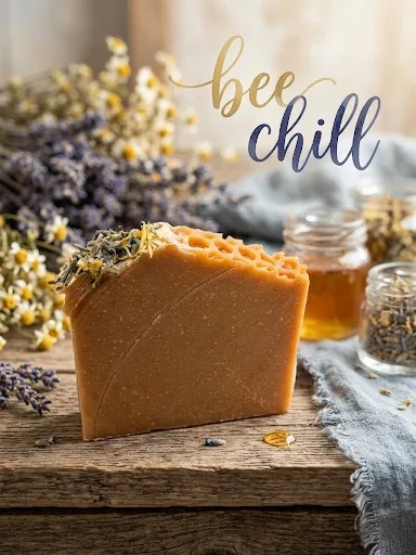Bee Chill goat milk soap: a warm amber bar with a honeycomb-textured top, beside a jar of honey, lavender, and chamomile.