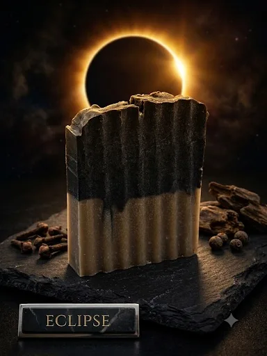 Eclipse goat milk soap: a ridged bar with a black activated-charcoal top over a tan base, on slate with whole cloves.
