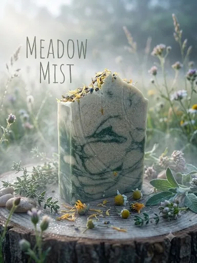 Meadow Mist goat milk soap: a green and cream swirled bar topped with dried petals, on a tree stump among wildflowers.