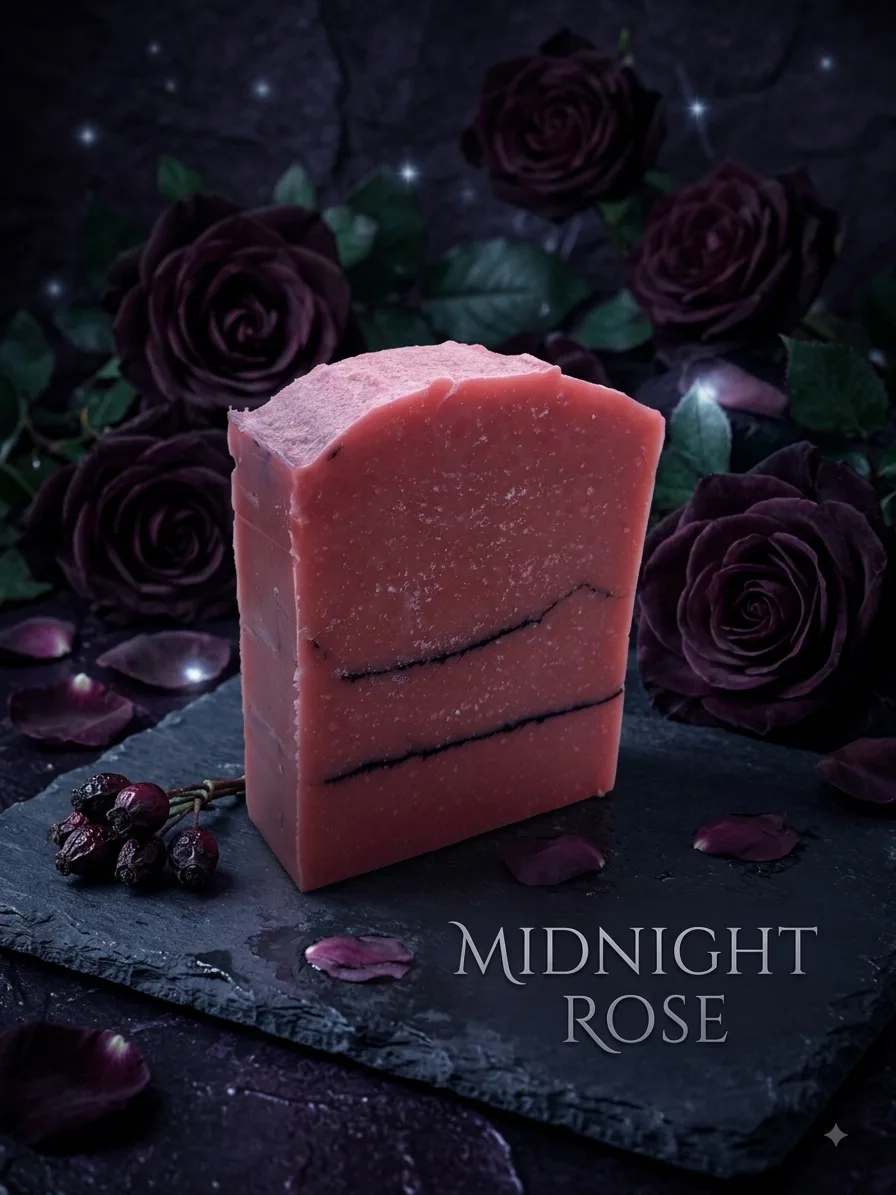 Midnight Rose goat milk soap: a dusty rose bar with dark charcoal streaks standing on slate, surrounded by deep purple roses, scattered petals, and rosehips.