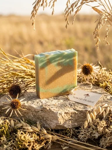 Naked Prairie goat milk soap: an unscented green and gold bar on a stone in tall prairie grass, with a hand-lettered tag.
